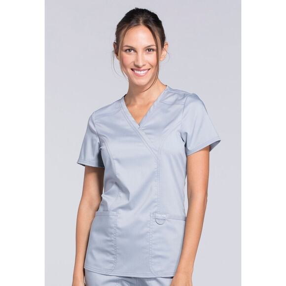 Cherokee Workwear Revolution Gray-Blue Mock Wrap V-Neck Patch Pockets Scrub Top - Picture 8 of 8